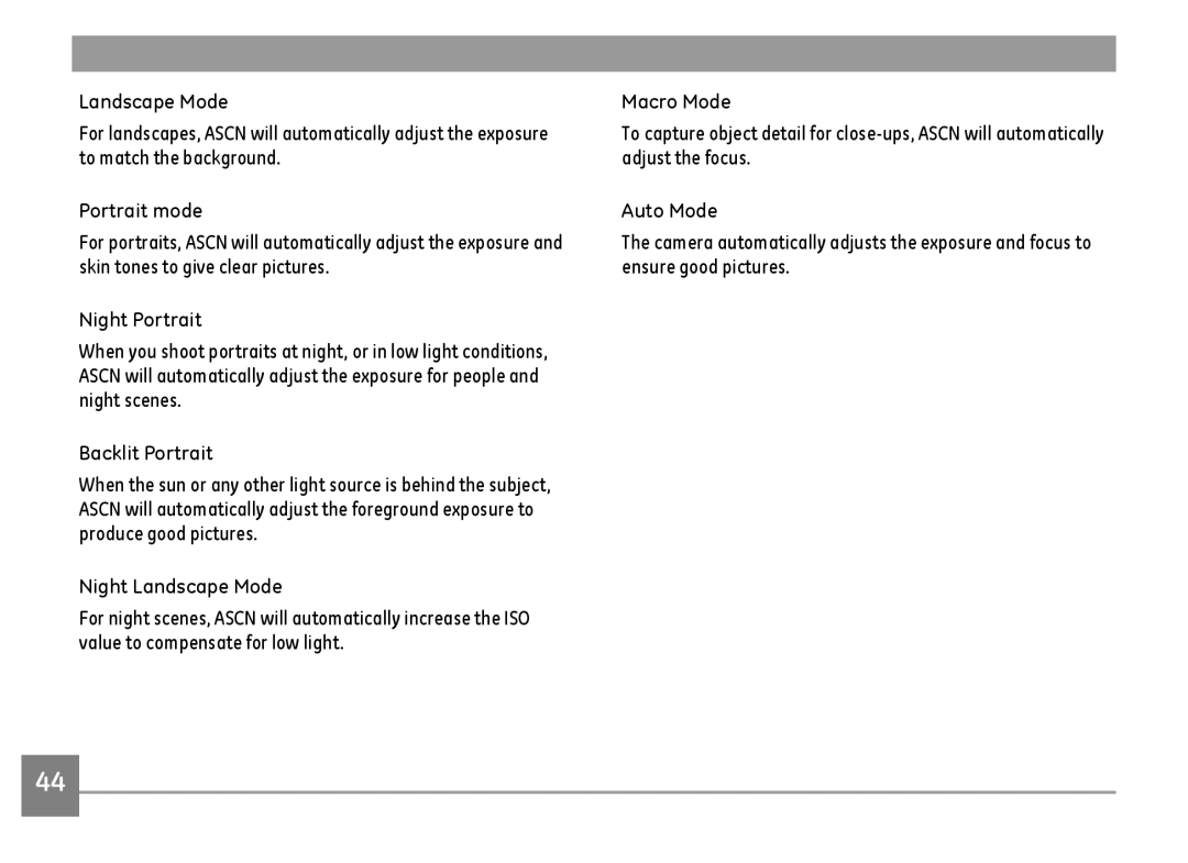 GE E1486TW/G user manual Portrait mode, Night Portrait, Backlit Portrait, Night Landscape Mode, Macro Mode, Auto Mode 