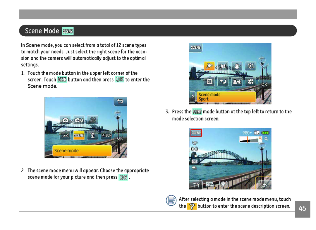 GE E1486TW/G user manual Scene Mode 