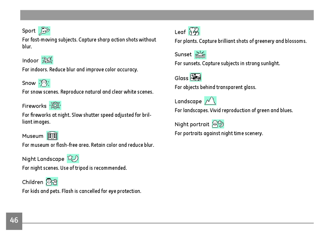 GE E1486TW/G user manual Sport, Indoor, Snow, Fireworks, Museum, Night Landscape, Children, Leaf, Sunset, Glass 