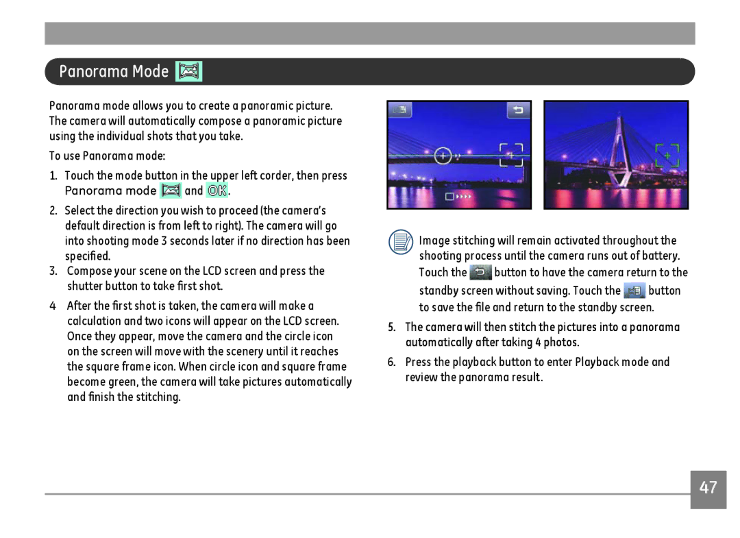 GE E1486TW/G user manual Panorama Mode, To use Panorama mode 