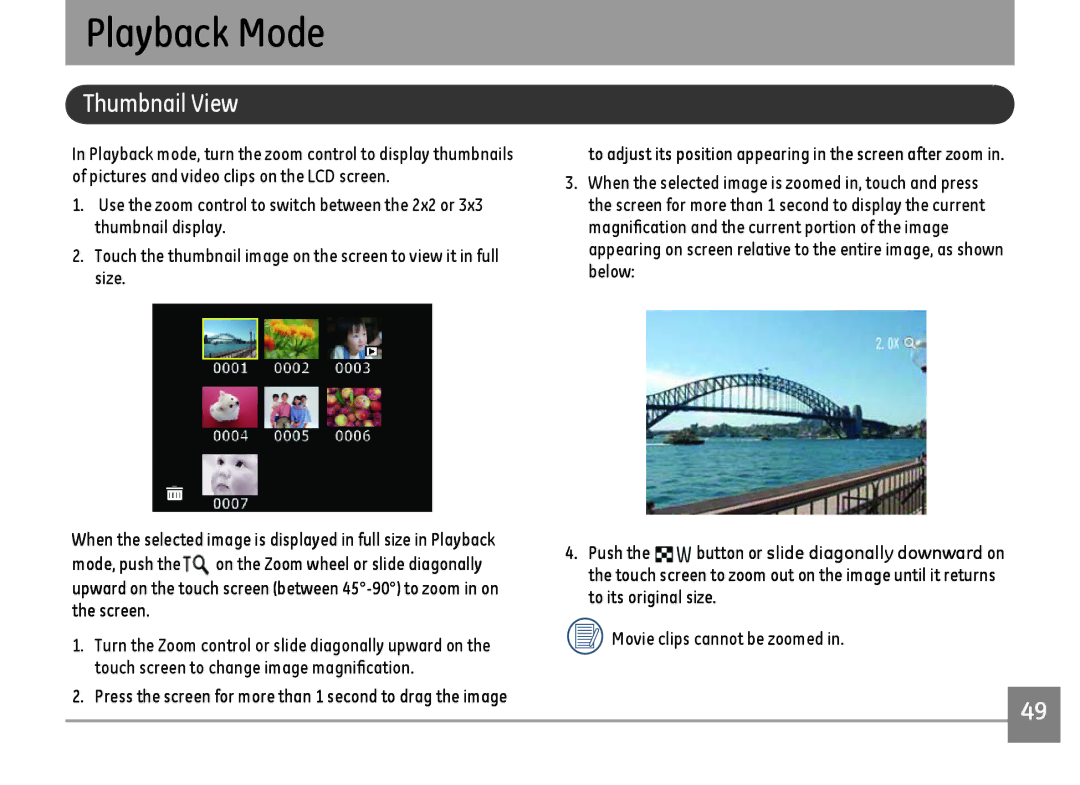 GE E1486TW/G user manual Playback Mode, Thumbnail View, Mode, push 