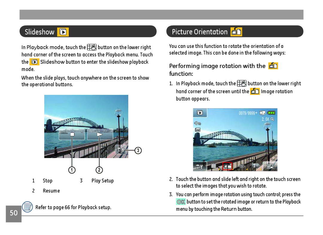 GE E1486TW/G user manual Slideshow, Picture Orientation, Performing image rotation with the function 