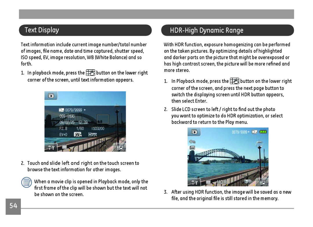 GE E1486TW/G user manual Text Display, HDR-High Dynamic Range 