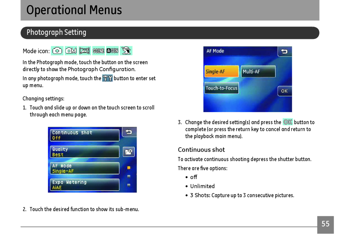 GE E1486TW/G user manual Operational Menus, Photograph Setting, Continuous shot, Off Unlimited 