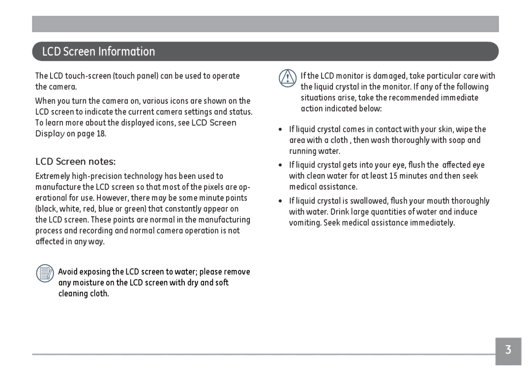 GE E1486TW/G user manual LCD Screen Information, LCD Screen notes 