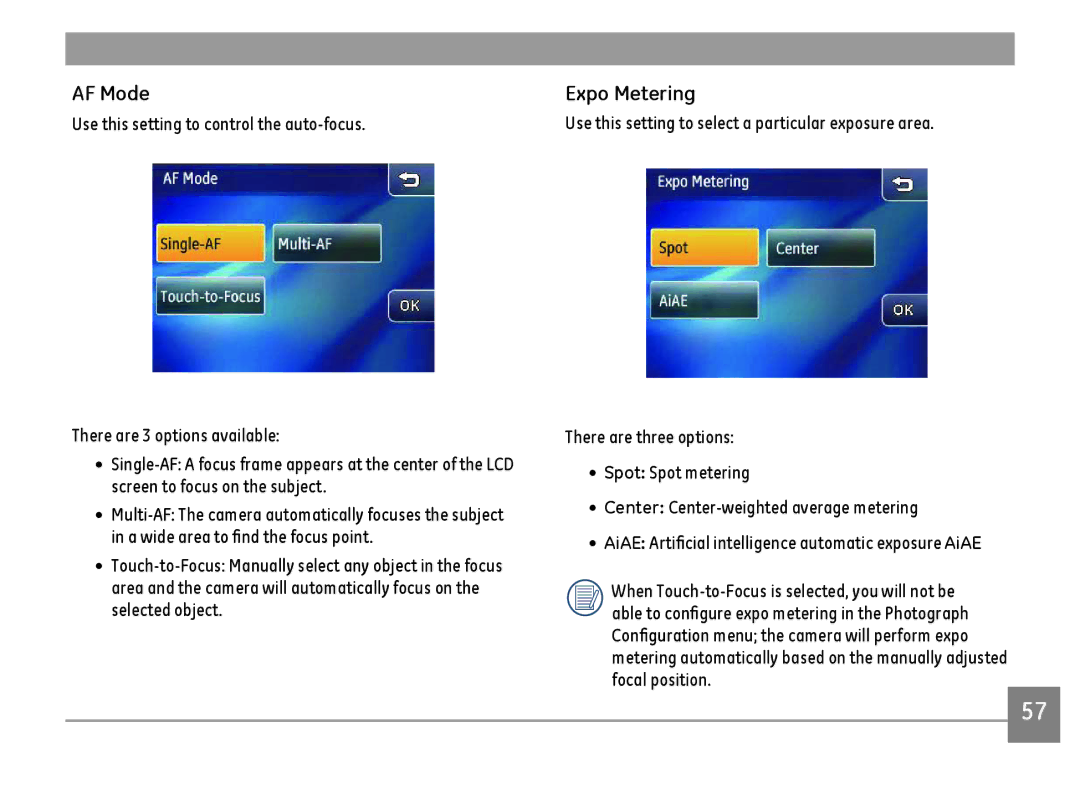 GE E1486TW/G user manual AF Mode, Expo Metering 