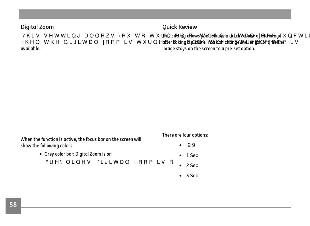 GE E1486TW/G user manual Digital Zoom, Quick Review, There are four options, Off Sec 