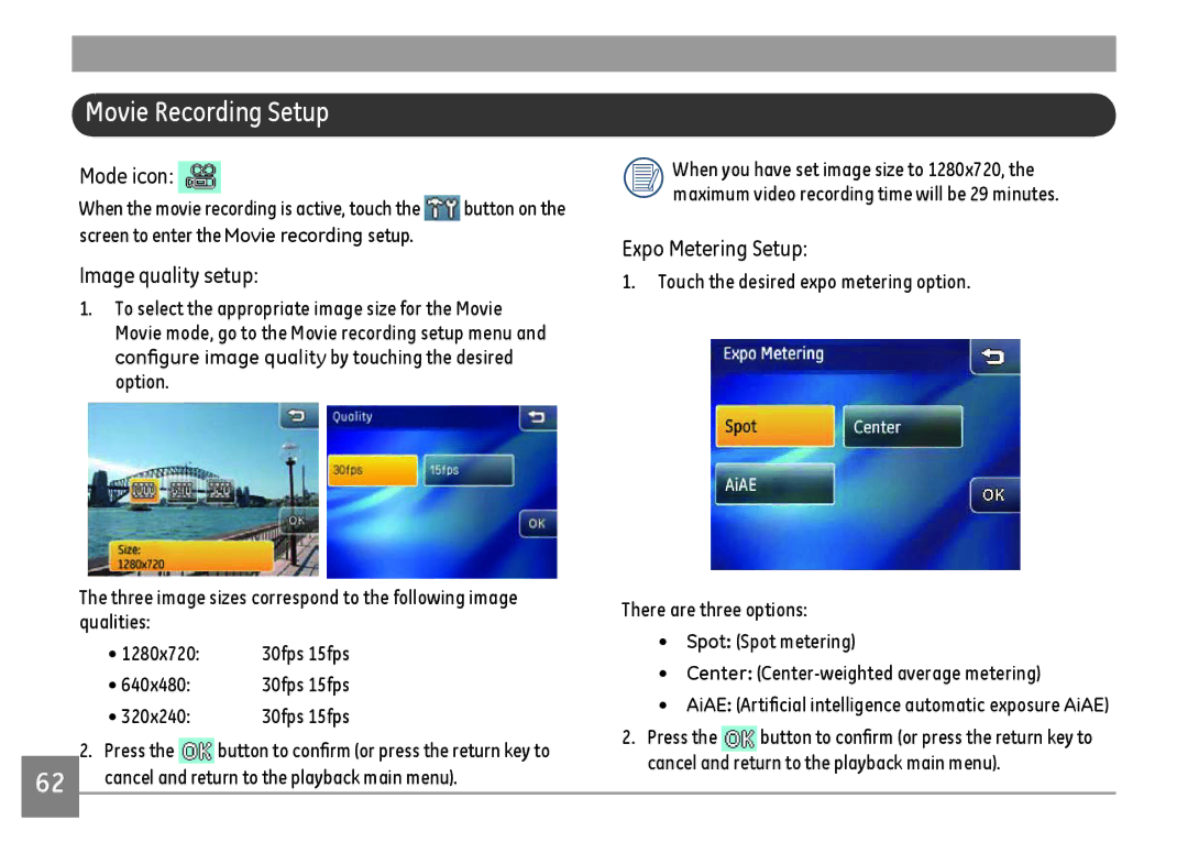 GE E1486TW/G user manual Movie Recording Setup, 640x480, 320x240, Cancel and return to the playback main menu 