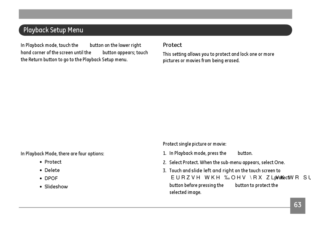 GE E1486TW/G user manual Playback Setup Menu, Protect Delete, Slideshow 