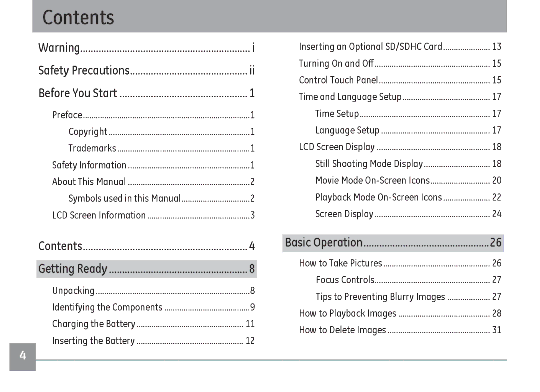 GE E1486TW/G user manual Contents 