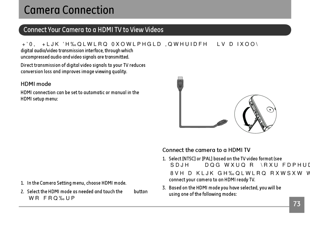 GE E1486TW/G user manual Camera Connection, Connect Your Camera to a Hdmi TV to View Videos, Hdmi mode 