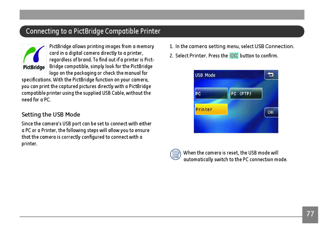 GE E1486TW/G user manual Connecting to a PictBridge Compatible Printer, Select Printer. Press the button to confirm 