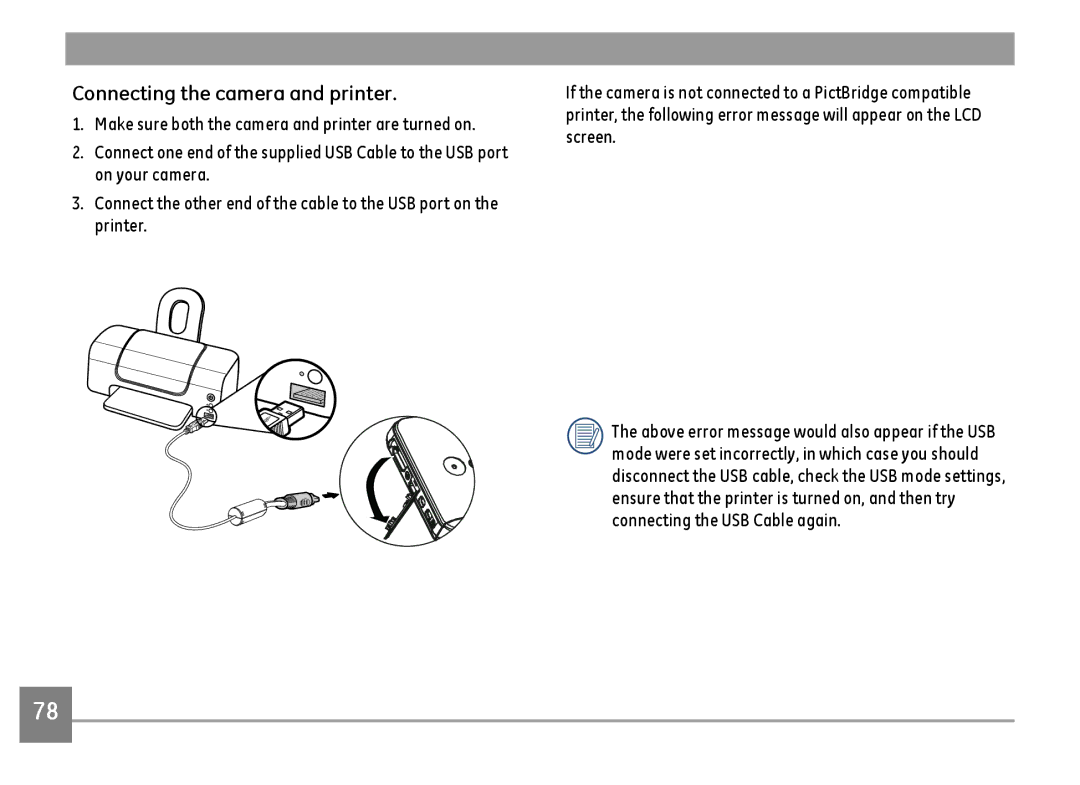 GE E1486TW/G user manual Connecting the camera and printer 