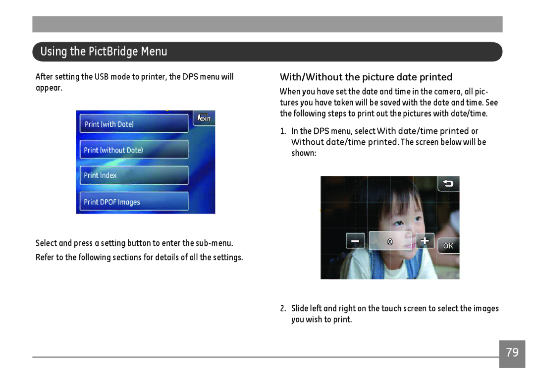 GE E1486TW/G user manual Using the PictBridge Menu, With/Without the picture date printed 