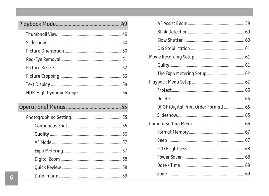 GE E1486TW/G user manual Continuous Shot Quality, Expo Metering Digital Zoom, Data Imprint, Dpof Digital Print Order Format 