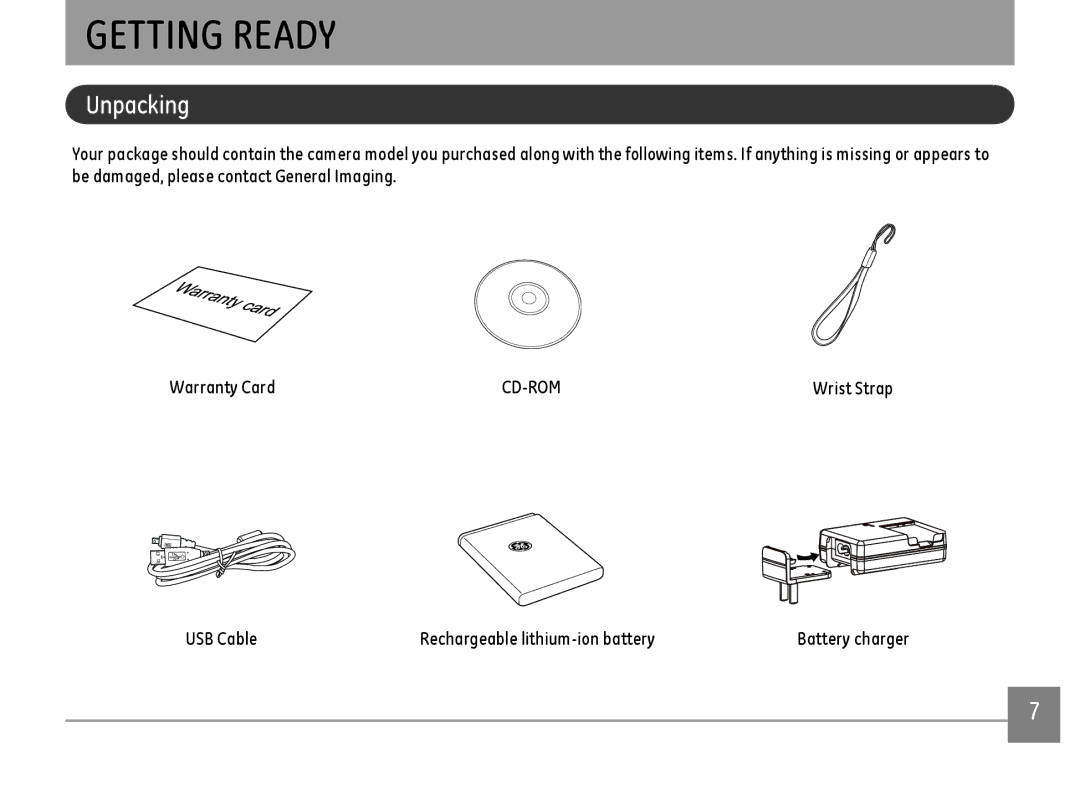 GE E1680W user manual Getting Ready, Unpacking, USB Cable Rechargeable lithium-ion battery 