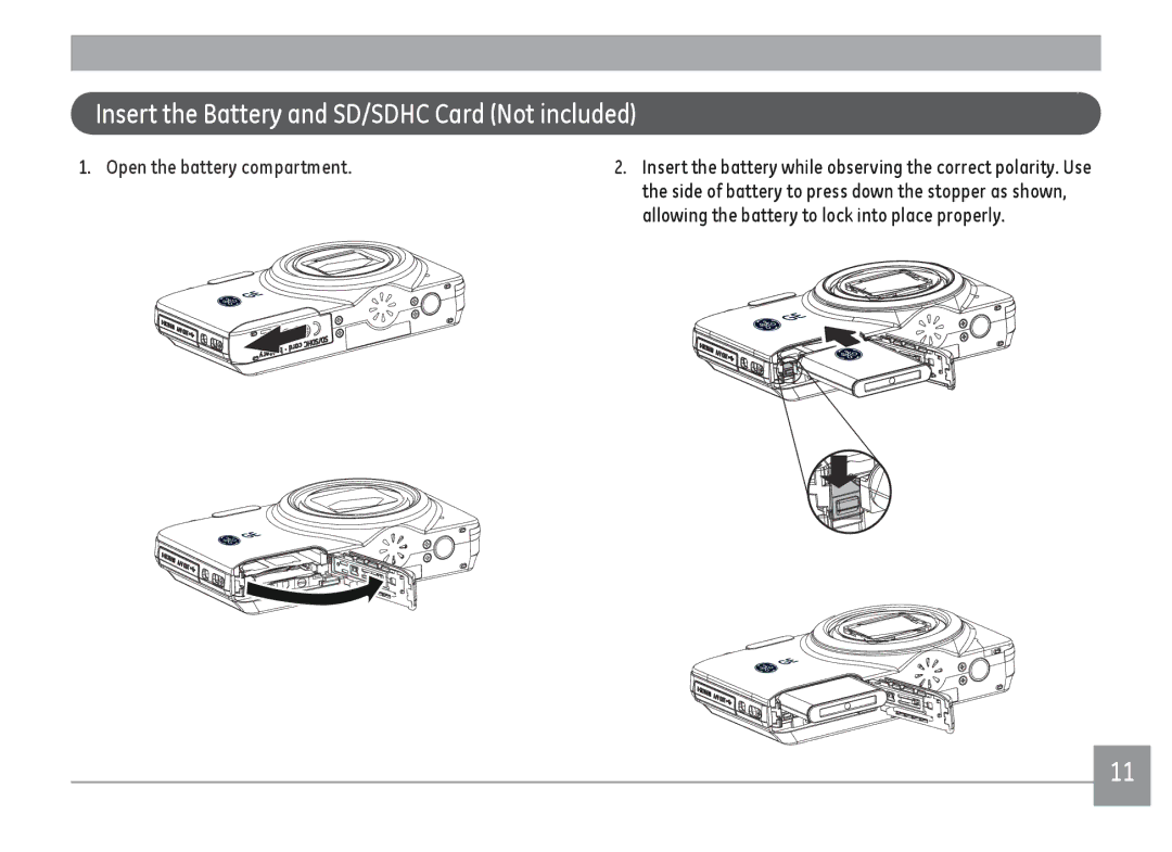 GE E1680W user manual Insert the Battery and SD/SDHC Card Not included, Open the battery compartment 