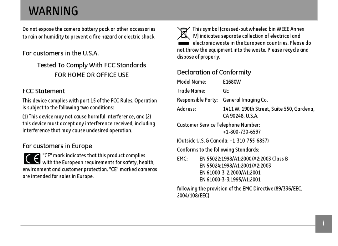 GE E1680W user manual FCC Statement, For customers in Europe, Declaration of Conformity 