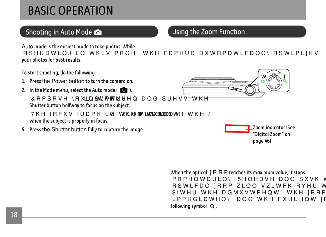 GE E1680W user manual Basic Operation, Shooting in Auto Mode, Using the Zoom Function, Following symbol 