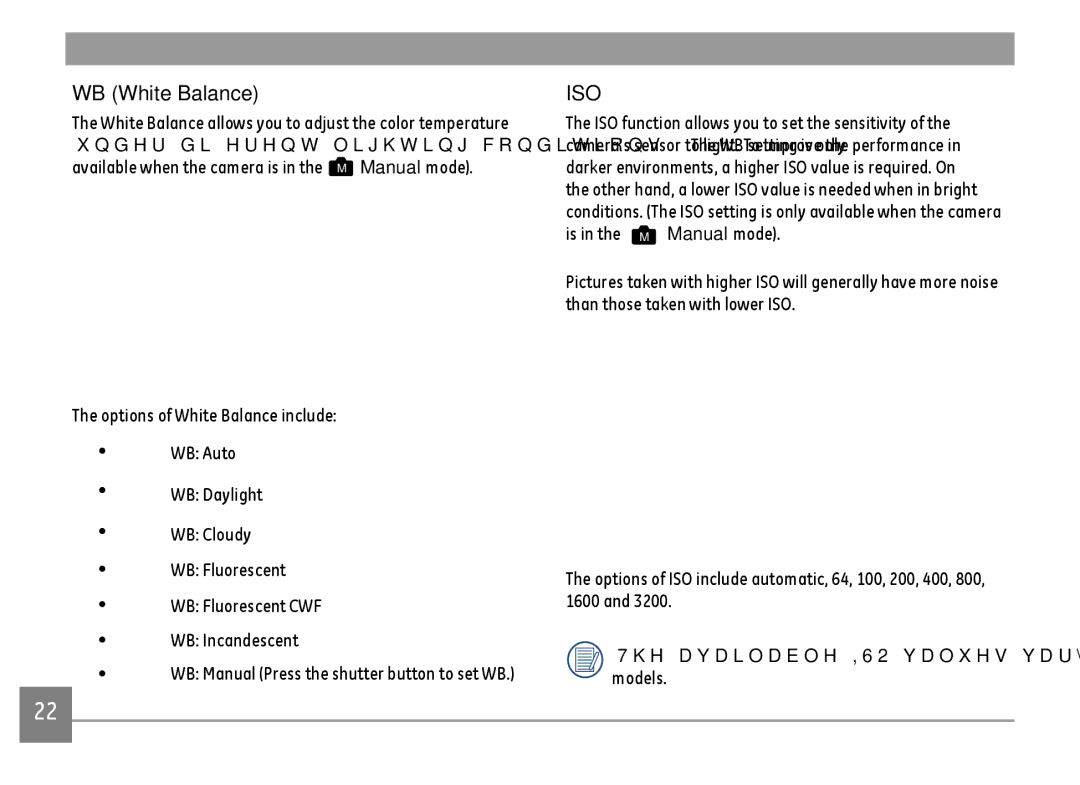 GE E1680W user manual WB White Balance, Iso 