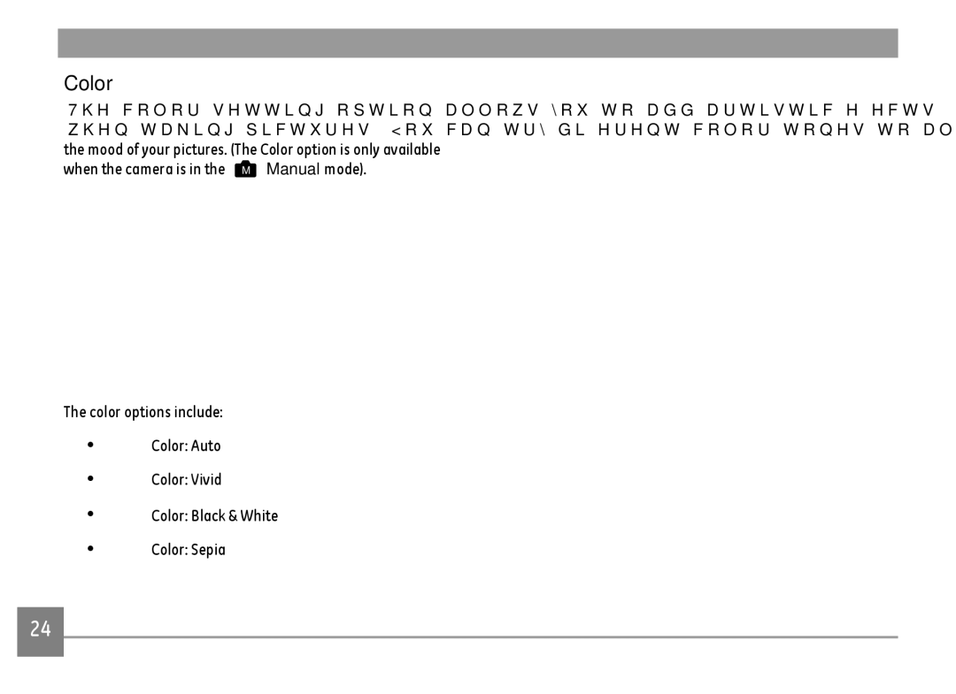 GE E1680W user manual Color options include Color Auto Color Vivid, Color Sepia 