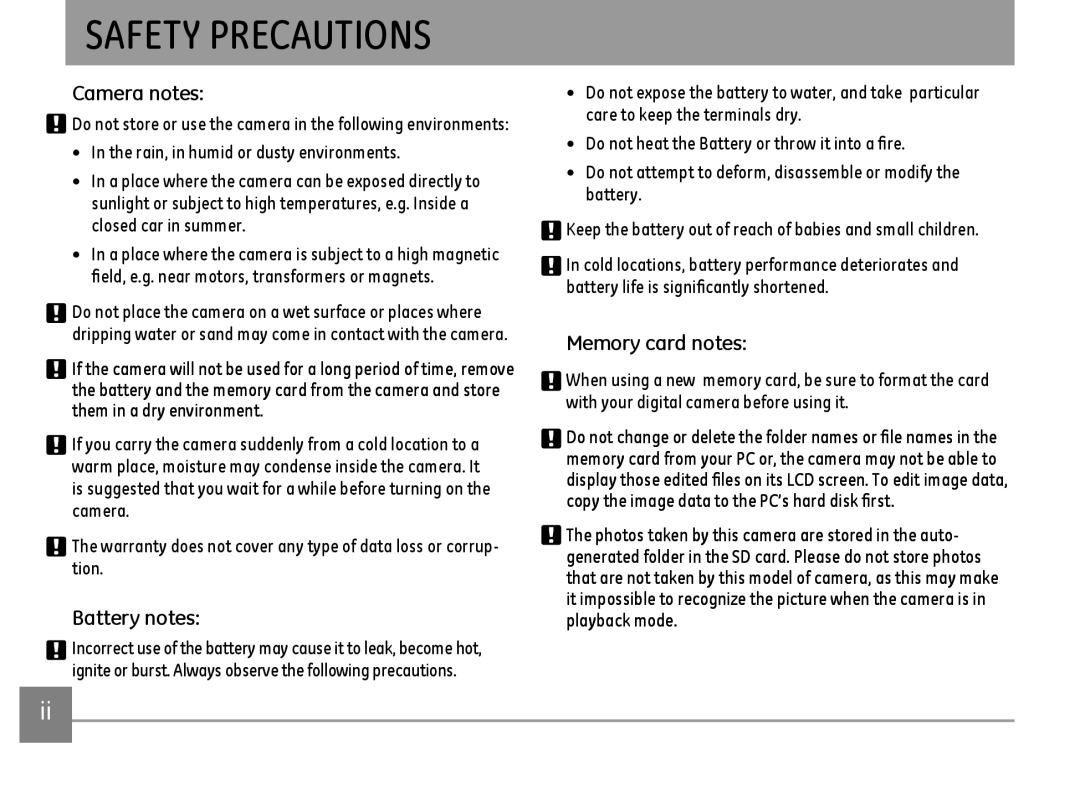 GE E1680W Safety Precautions, Camera notes, Battery notes, Memory card notes, Rain, in humid or dusty environments 