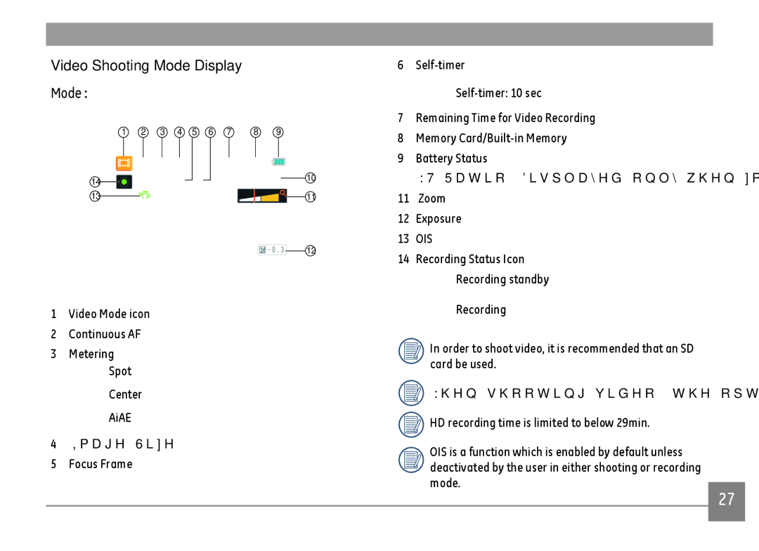 GE E1680W user manual Video Shooting Mode Display 