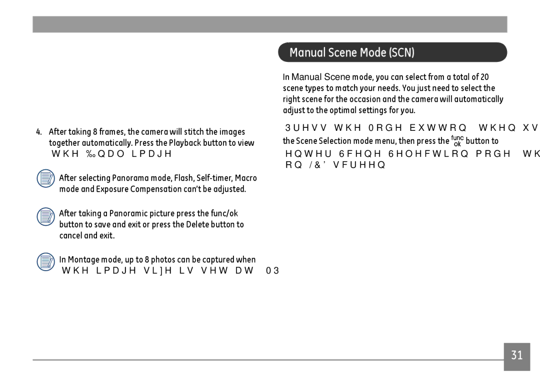 GE E1680W user manual Manual Scene Mode SCN 