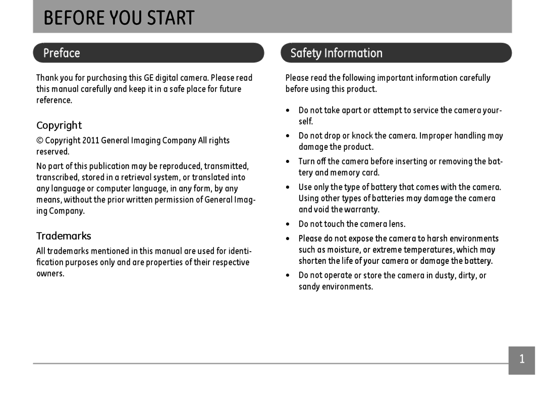 GE E1680W user manual Before YOU Start, Preface, Safety Information, Copyright, Trademarks 