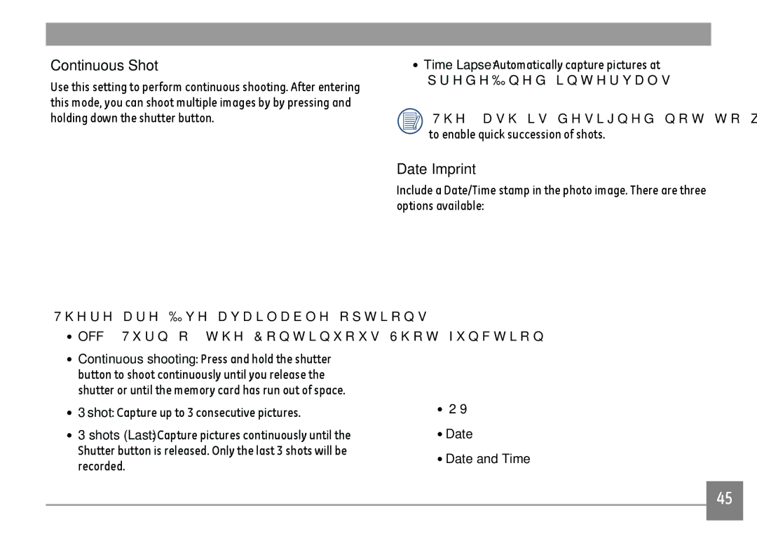 GE E1680W user manual Continuous Shot, Date Imprint, Off Date Date and Time 