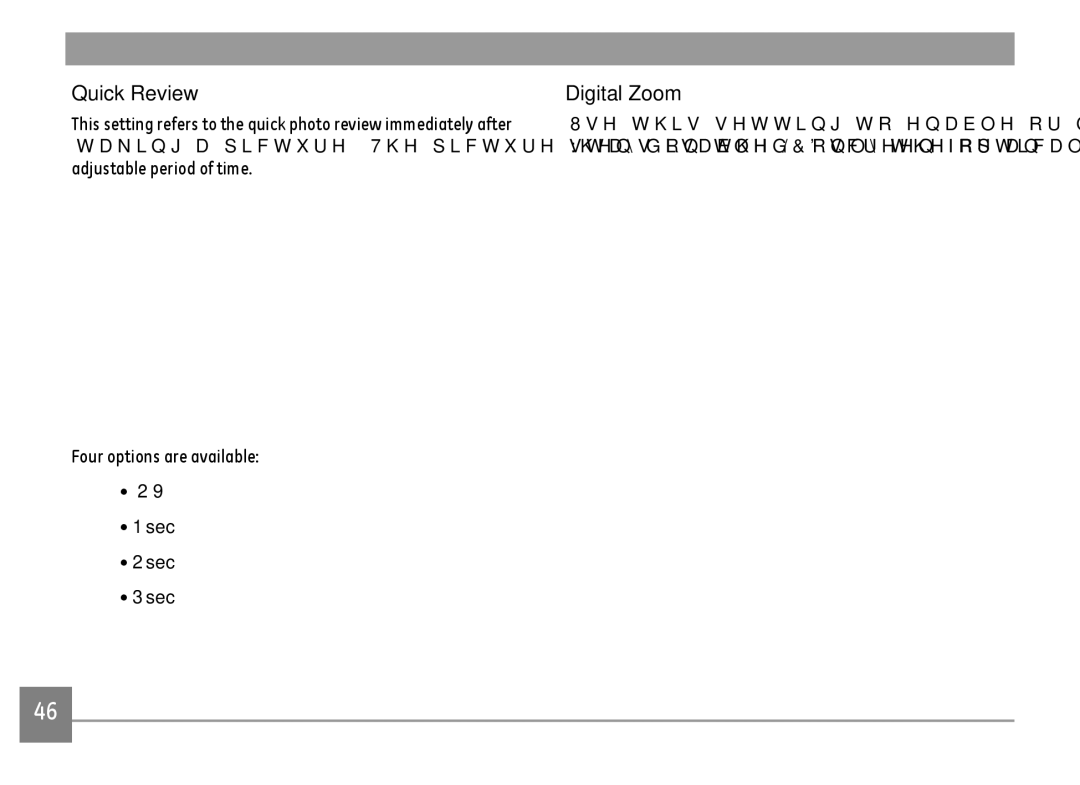 GE E1680W user manual Quick Review, Digital Zoom, Off Sec 