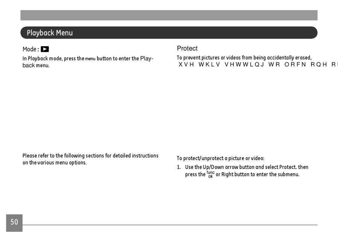 GE E1680W user manual Playback Menu, Protect 