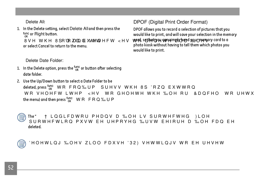 GE E1680W user manual Dpof Digital Print Order Format, Delete All, Delete Date Folder 