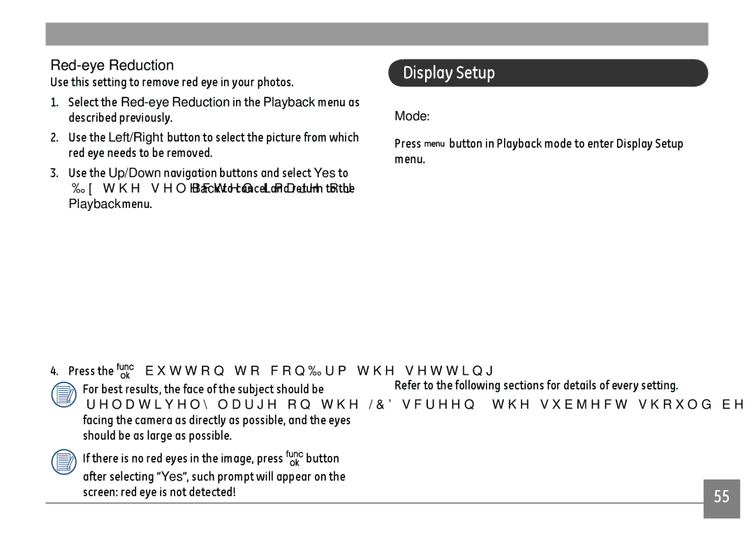 GE E1680W user manual Display Setup, Red-eye Reduction, Use this setting to remove red eye in your photos, Mode 