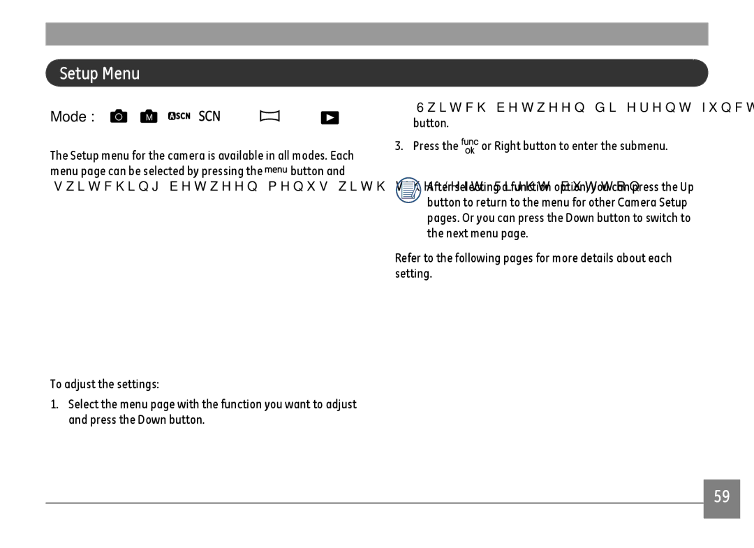 GE E1680W user manual Setup Menu, Mode M 