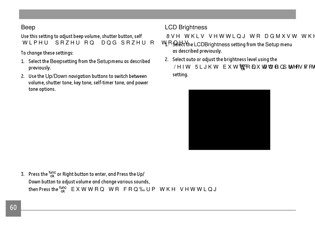 GE E1680W user manual Beep, LCD Brightness, Then Press the button to confirm the setting 