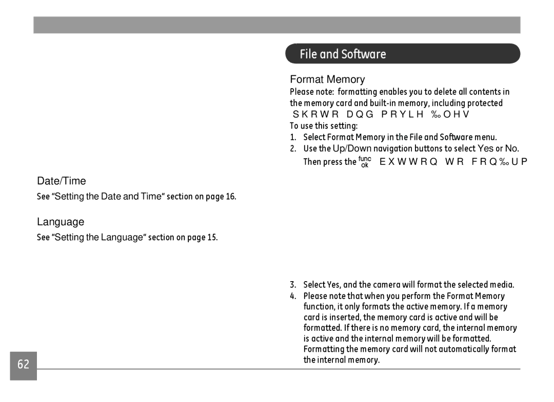 GE E1680W user manual File and Software, Date/Time, Language, Format Memory 