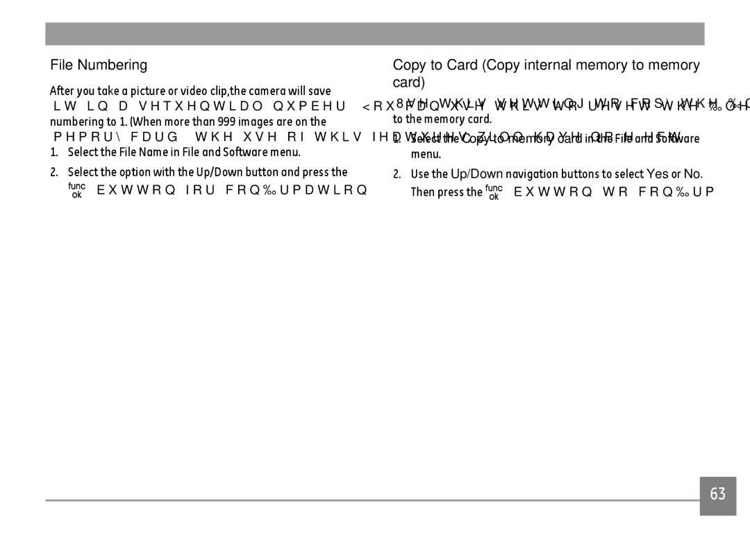 GE E1680W File Numbering, Copy to Card Copy internal memory to memory card, Select the File Name in File and Software menu 