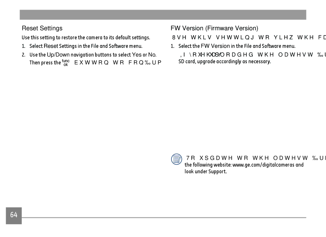 GE E1680W user manual FW Version Firmware Version, Select Reset Settings in the File and Software menu 