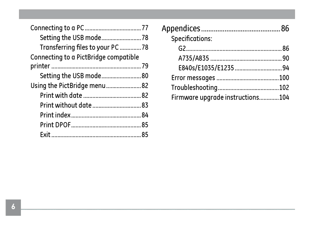 GE E1235, E840S, E1035 user manual Specifications, Transferring files to your PC 