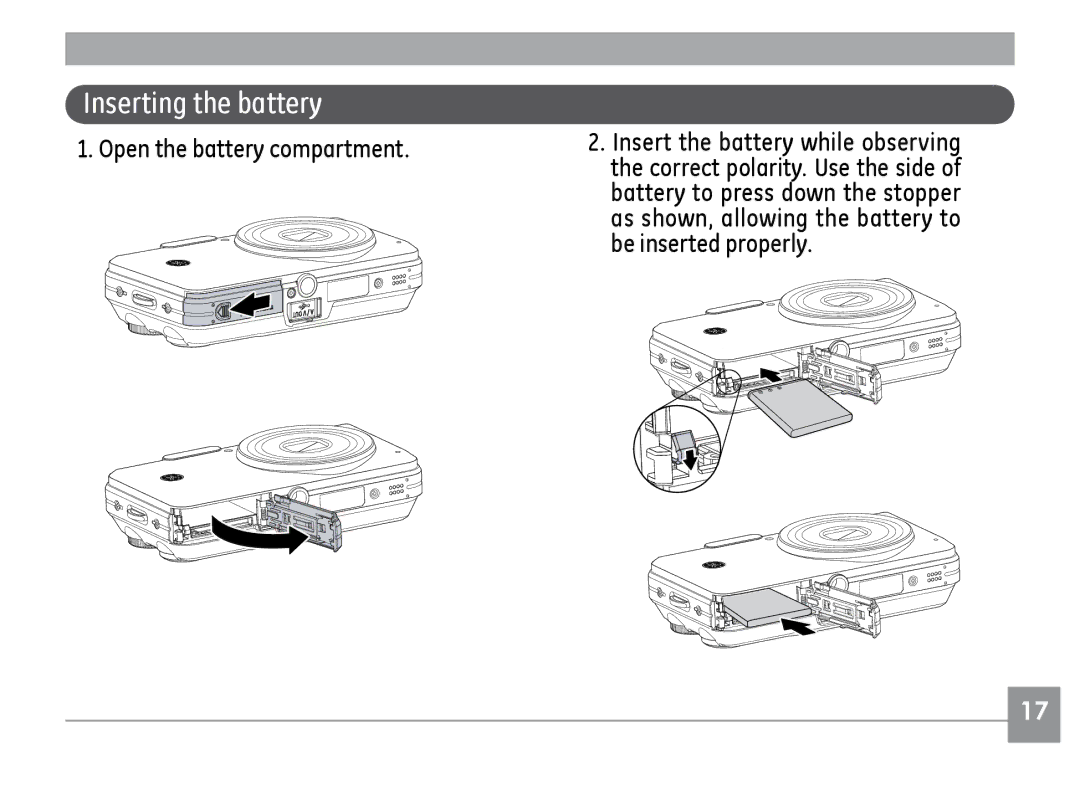 GE E840S, E1235, E1035 user manual Inserting the battery, Open the battery compartment 