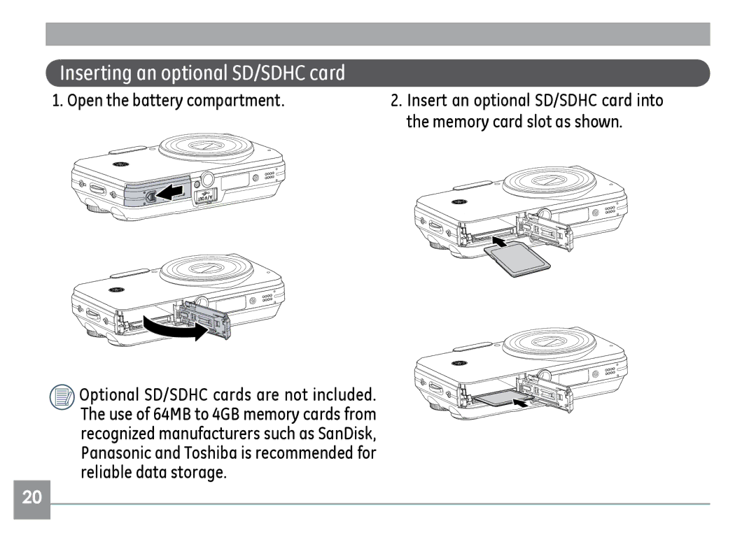 GE E840S, E1235, E1035 user manual Inserting an optional SD/SDHC card 