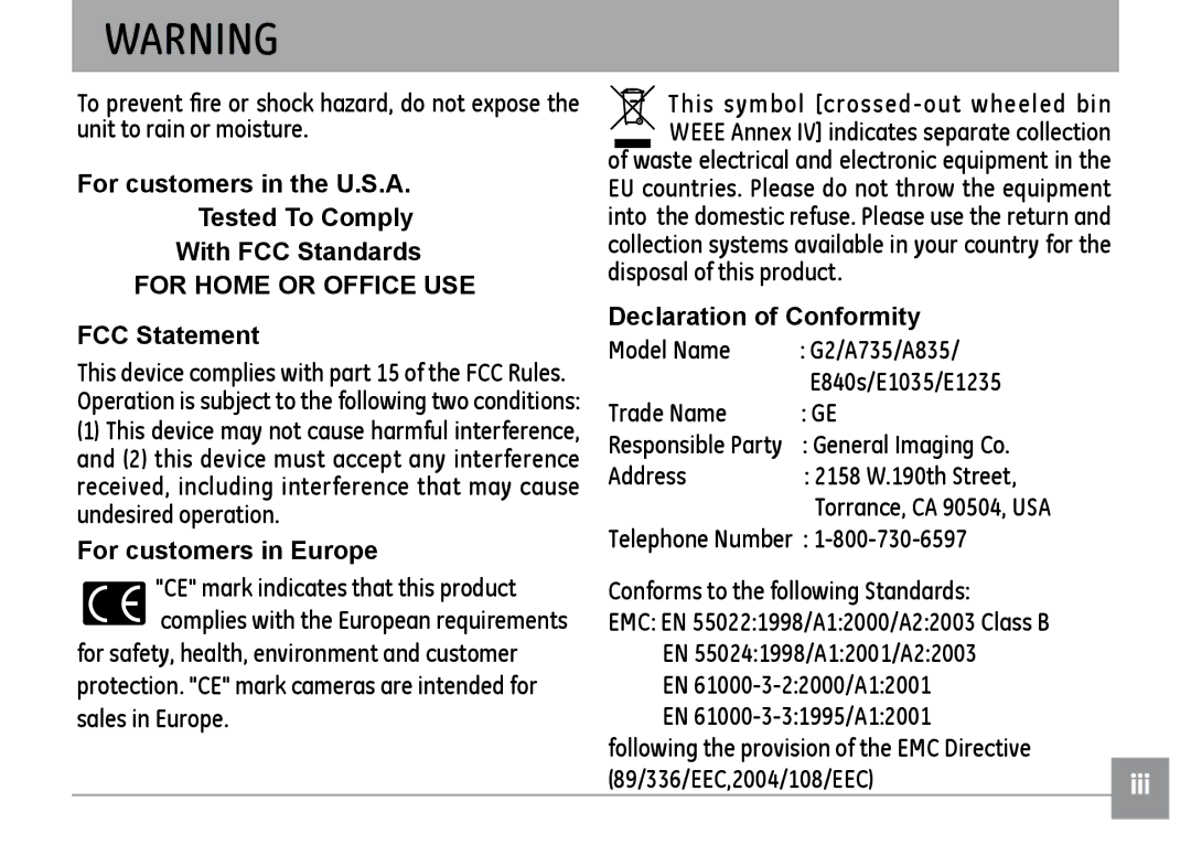 GE E840S, E1235, E1035 user manual For customers in Europe 