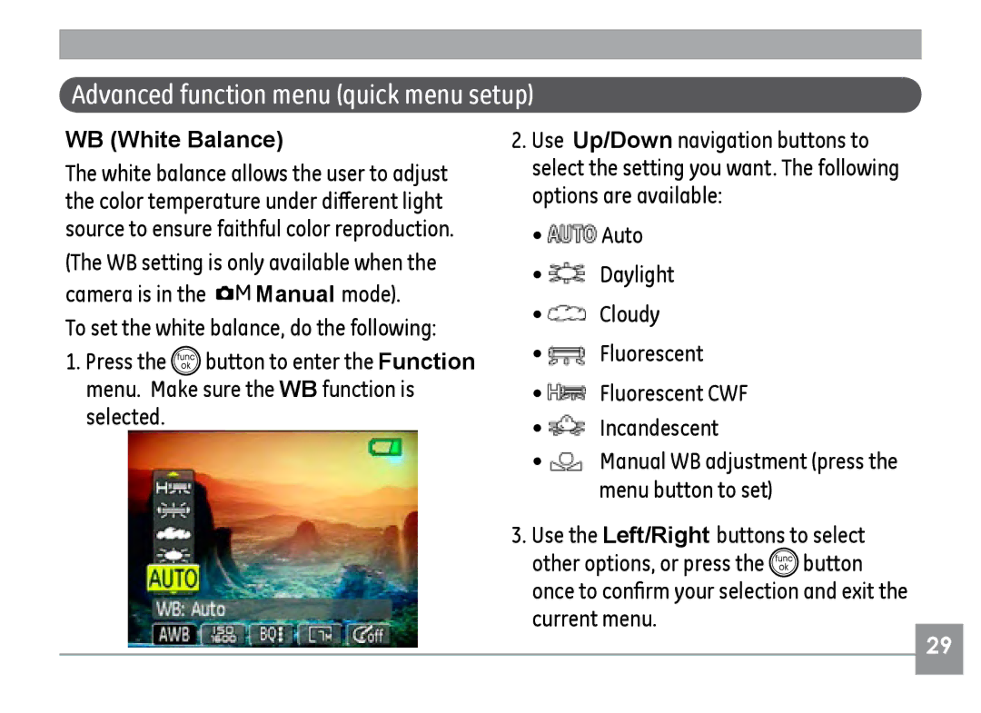 GE E840S, E1235, E1035 user manual Advanced function menu quick menu setup, WB White Balance 