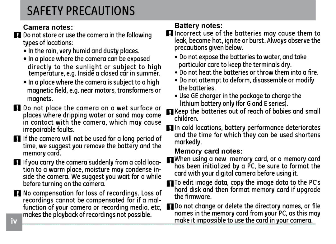 GE E1235, E840S, E1035 user manual Safety Precautions 