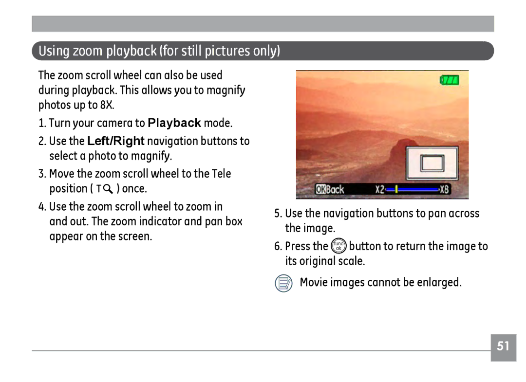 GE E1235, E840S, E1035 user manual Using zoom playback for still pictures only 