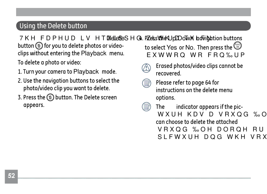 GE E1035, E840S, E1235 user manual Using the Delete button, To delete a photo or video Turn your camera to Playback mode 