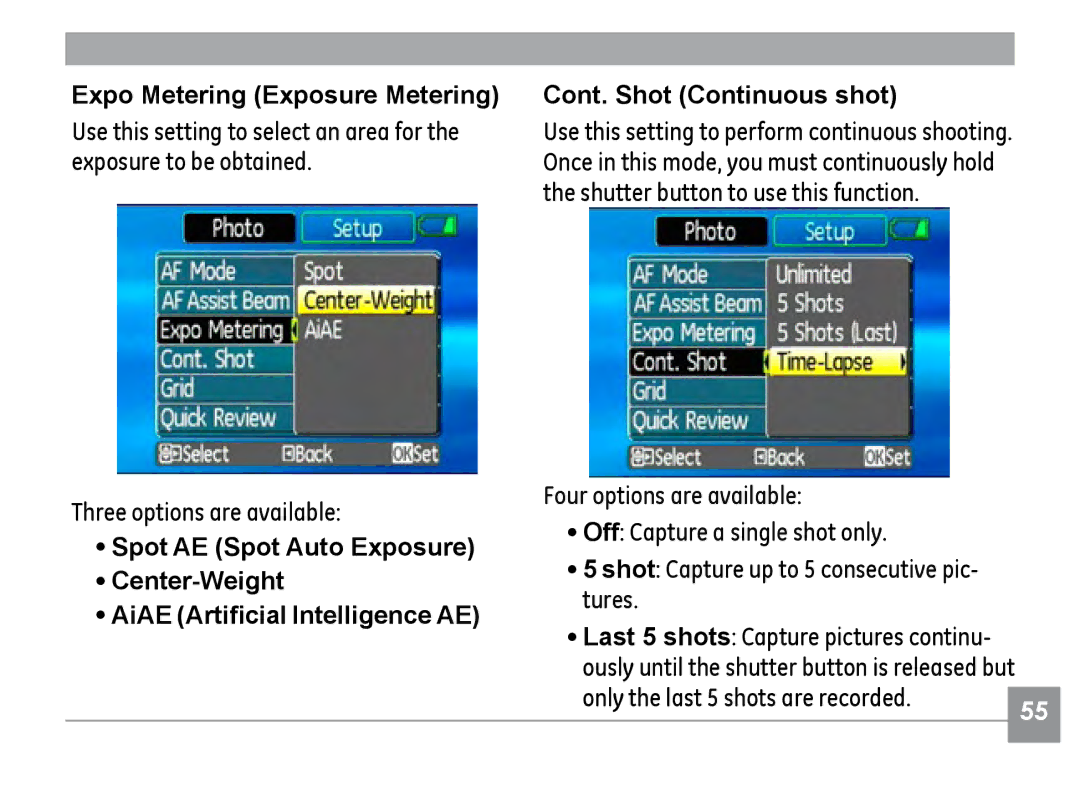 GE E1035, E840S, E1235 user manual Expo Metering Exposure Metering, Only the last 5 shots are recorded 