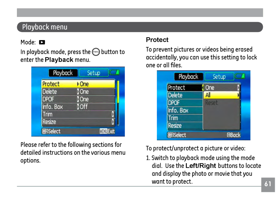 GE E1035, E840S, E1235 user manual Playback menu, Protect, Want to protect 