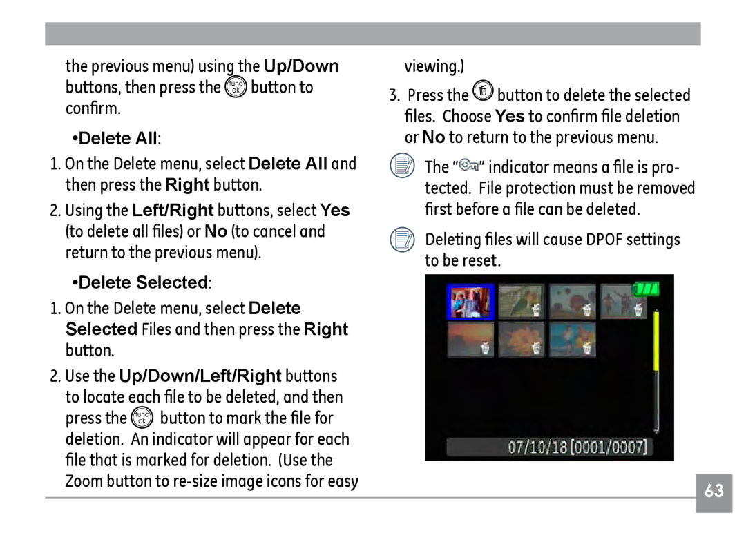 GE E1235, E840S, E1035 user manual Delete All, Delete Selected, Viewing, Deleting files will cause Dpof settings to be reset 